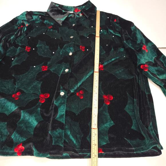 Quacker Factory Holiday Velvet Shirt Womens L Holly Berry Rhinestone Top Festive - Picture 7 of 12